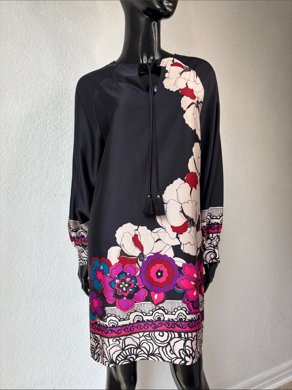 Trina Turk Black Long-Sleeve Bright Floral Tunic Dress
